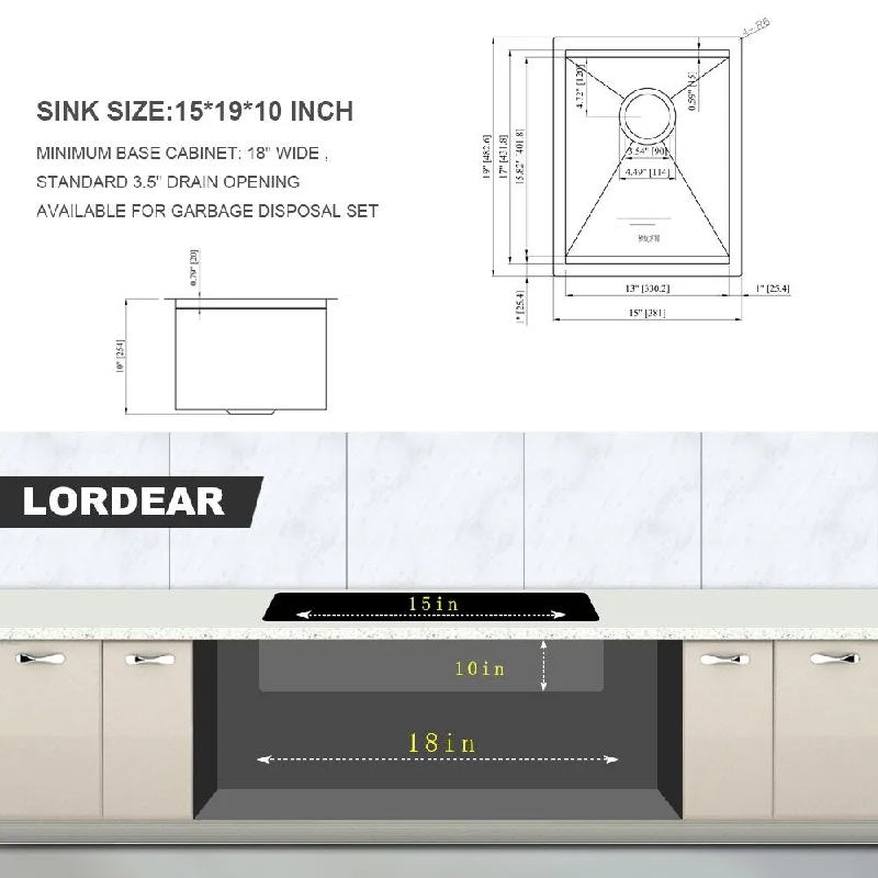 15x19 Inch Undermount Single Bowl Bar Prep Workstation Sink