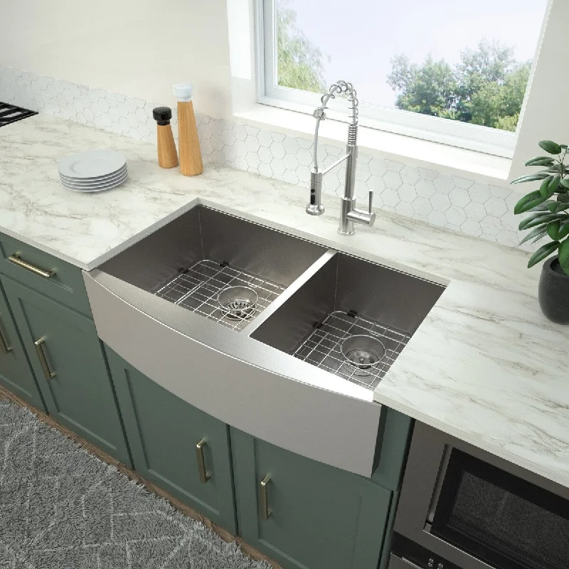 Aurora Decor 33 inch Stainless Steel Double Bowl 60/40 Kitchen Farmhouse Sink - 33 x 20