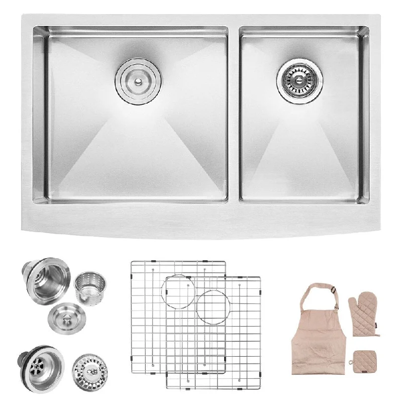 Aurora Decor 33 inch Stainless Steel Double Bowl 60/40 Kitchen Farmhouse Sink - 33 x 21