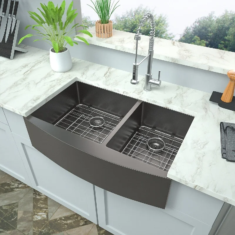 Farmhouse Sink Gunmetal Black Double Bowl Stainless Steel - 33X21