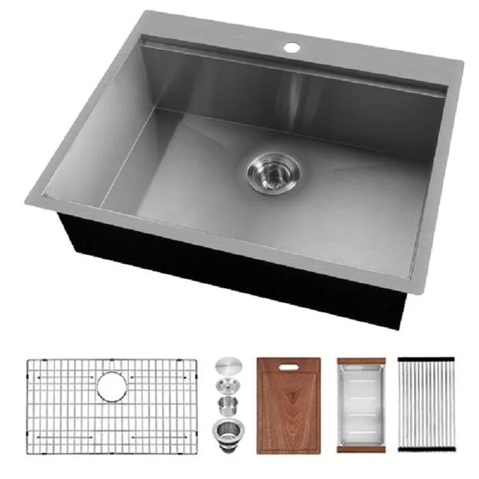 Superbrite Aquacubic cUPC Certified 304 Stainless Steel Single Bowl Handmade Top Mount Ledged Workstation Kitchen Sink