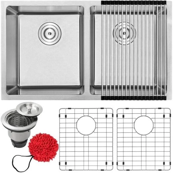 Ticor PLZ-15-KIT Stainless Steel Double Bowl Undermount Square Kitchen Bar Sink