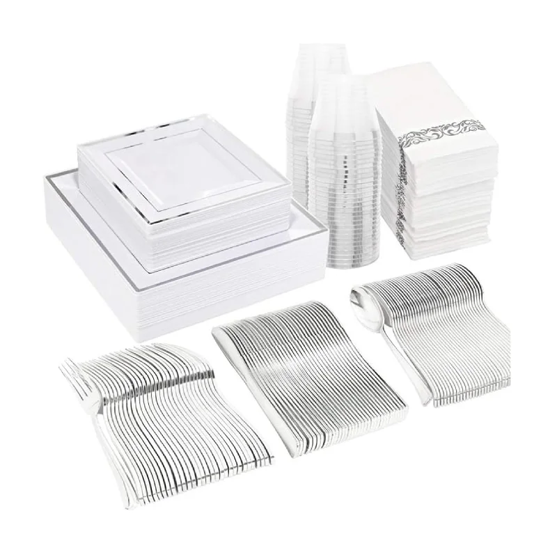 350-Pcs Silver Plastic Disposable Dinnerware Set