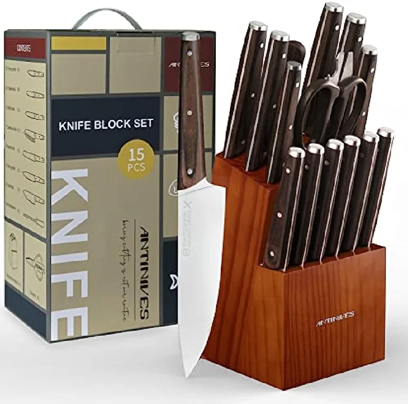 ANTINIVES Knife Block Set, 15 Pcs German Stainless Steel(X50CrMoV15) Knife Set with Block, Kitchen Knife Sets with Full Tang Triple Rivets Ergonomic Wood Handle