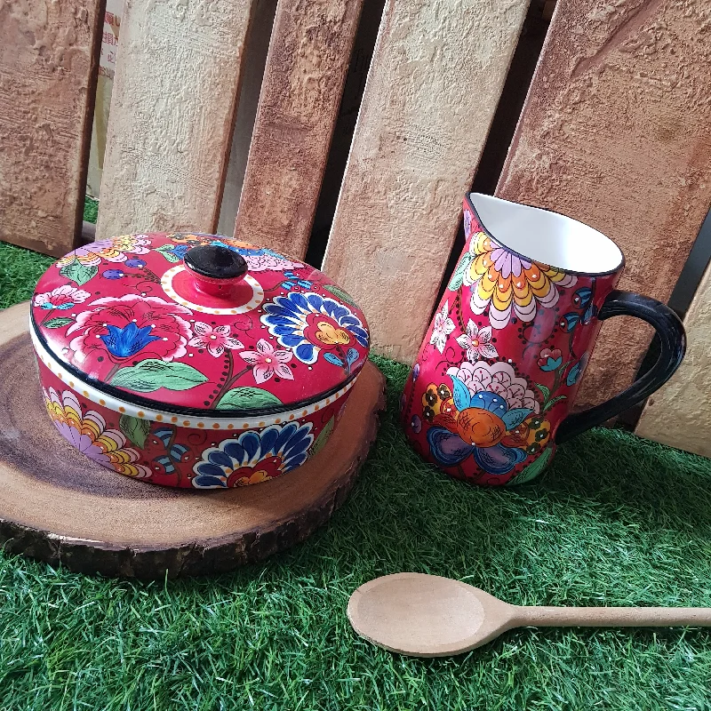 Set of Spanish Red Pitcher & Pot w Cover