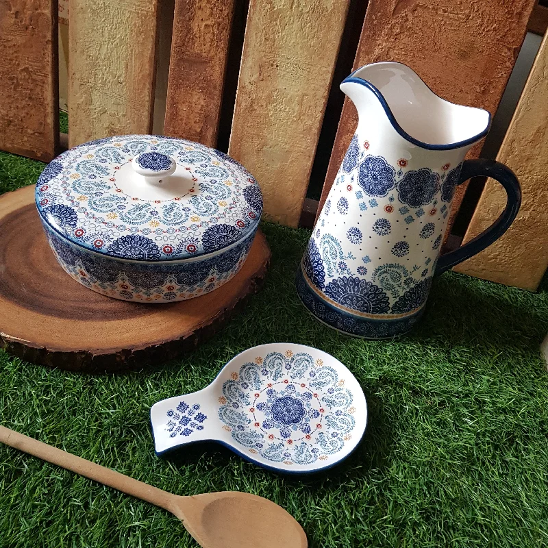 Set of Blue Talavera Pitcher, Spoon Rest & Pot w Cover