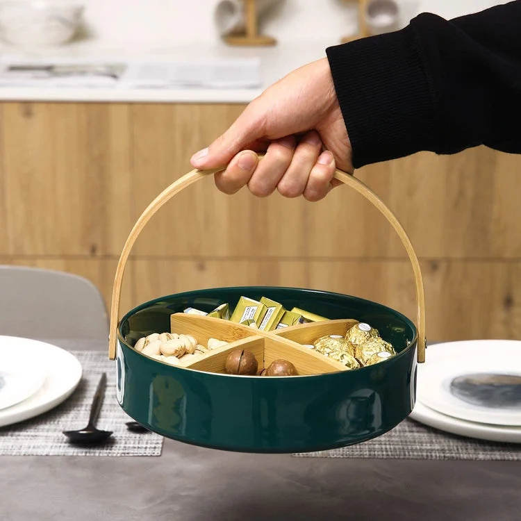 Forest Green Ceramic Portable Snack Bowl, Treats Storage Caddy with Bamboo Dividers, Lid and Handle