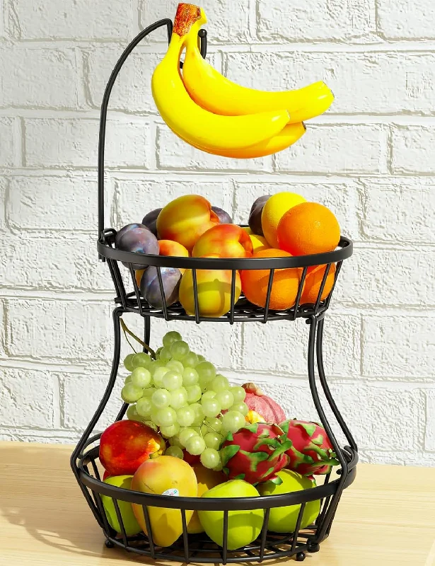 Fruit Basket Bowl 2 Tier Stackable Vegetable Storage with Banana Tree Hanger Stand