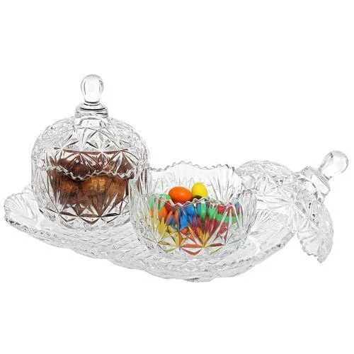 Glass Crystal Design Candy Bowl Set & Tray