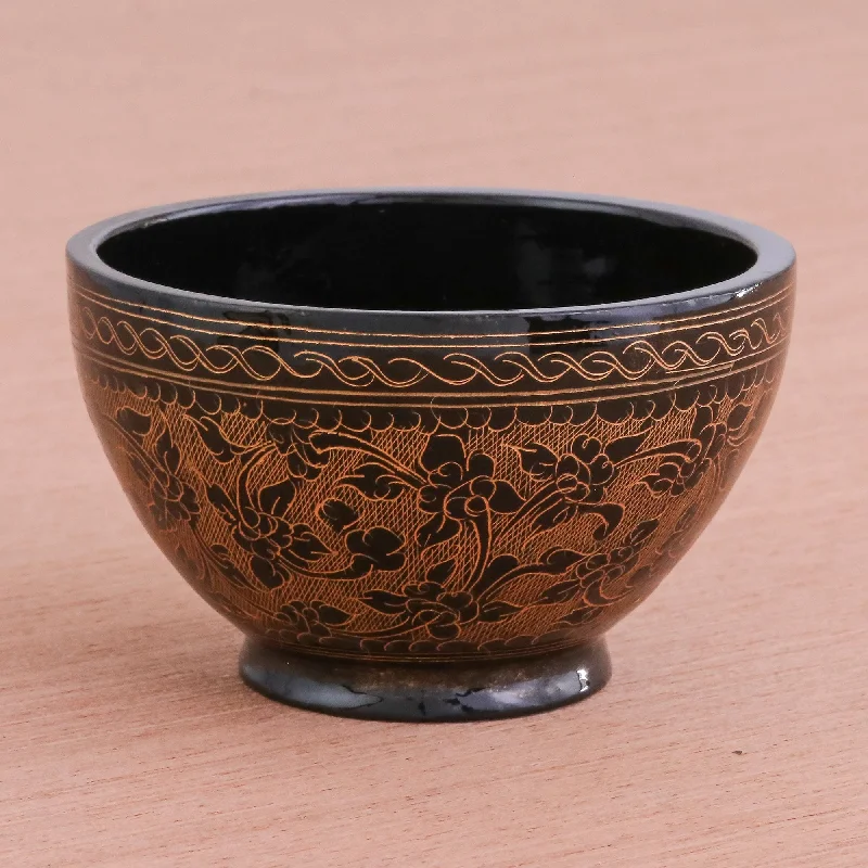 Handcrafted Brown and Black Lacquered Bowl from Thailand - Brown Floral Forest