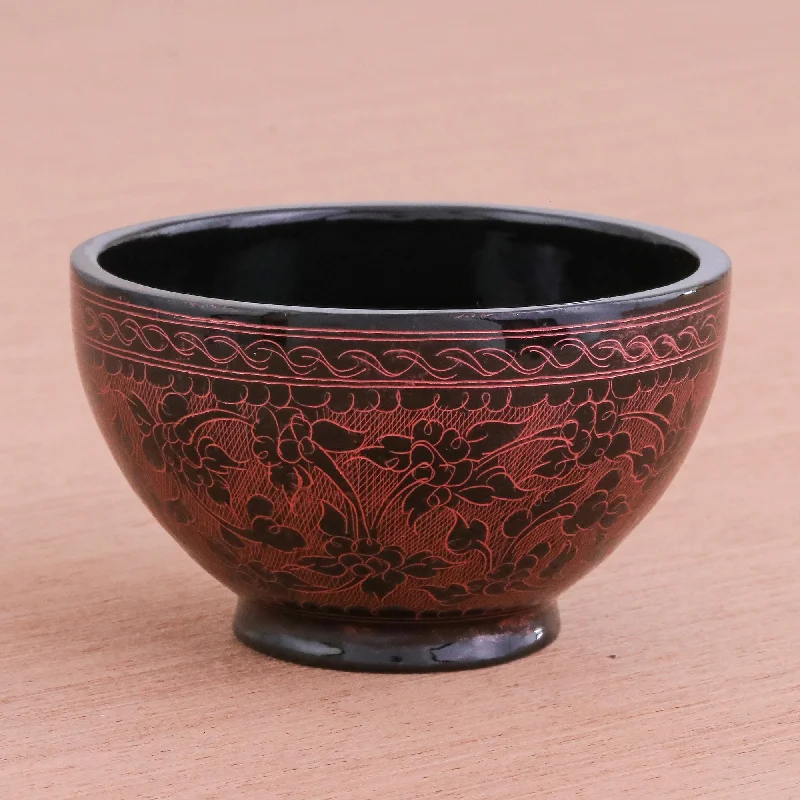 Handcrafted Red and Black Lacquered Bowl from Thailand - Red Floral Forest