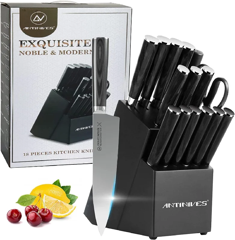 Knife Set, 18Pcs Black Knife Block Sets, German Stainless Steel Knife Sets for Kitchen with Block, Kitchen Knives for Chopping, Slicing, Dicing & Cutting