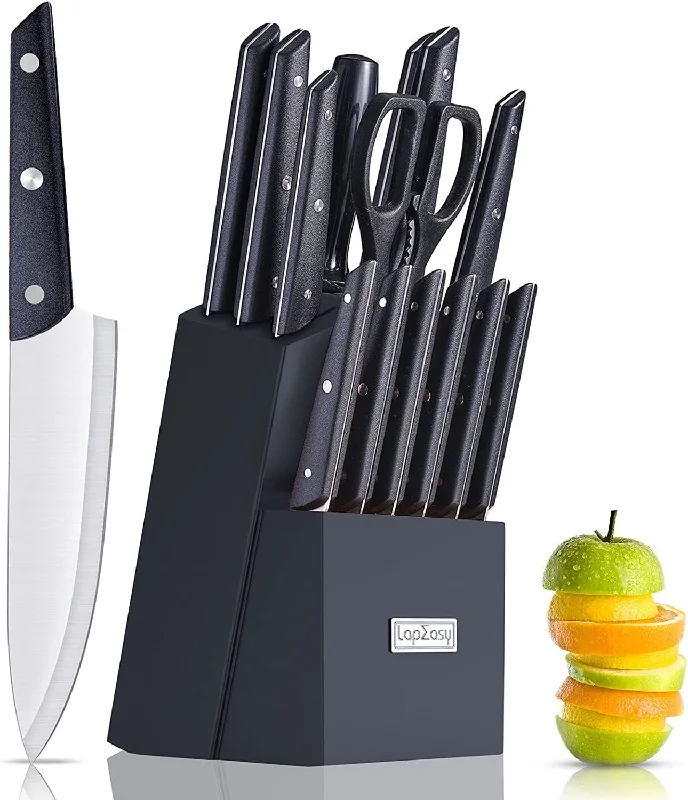 Knife Set with Block;  LapEasy 15 Pieces Kitchen Knife Set with Pine Block Holder;  Knife Block Set with Sharpener;  High Stainless Steel Knives with Comfortable-Grip ABS Handles.