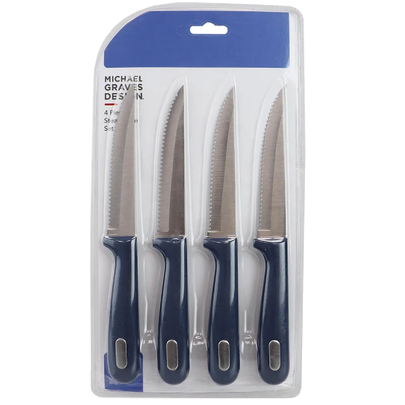 Michael Graves Design Comfortable Grip 4 Piece 4.5 Inch Stainless Steel Serrated Edge Steak Knife Set, Indigo