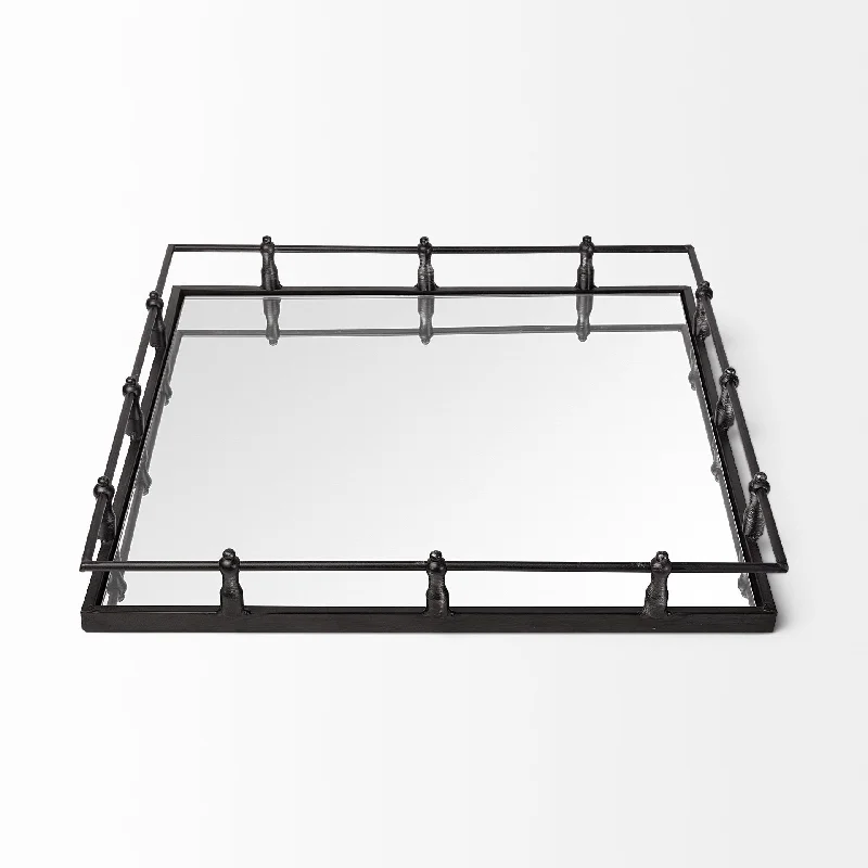 Natural Finish Metal With Mirrored Glass Bottom And Railing Handle Tray