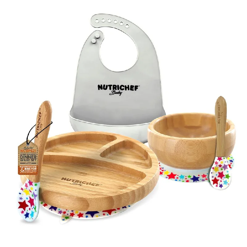 Stars Bamboo Dinnerware Set With Silicone Suction And Bibs For Kids