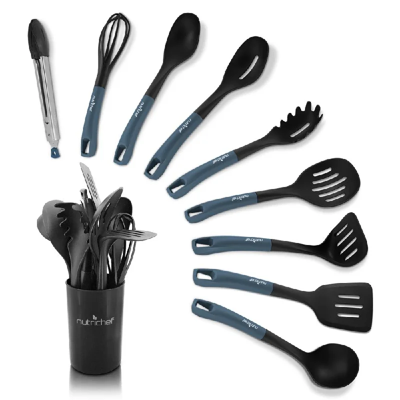 10 Pcs. Silicone Heat Resistant Kitchen Cooking Utensils Set - Non-Stick Baking Tools With Pp Holder (Blue & Black)