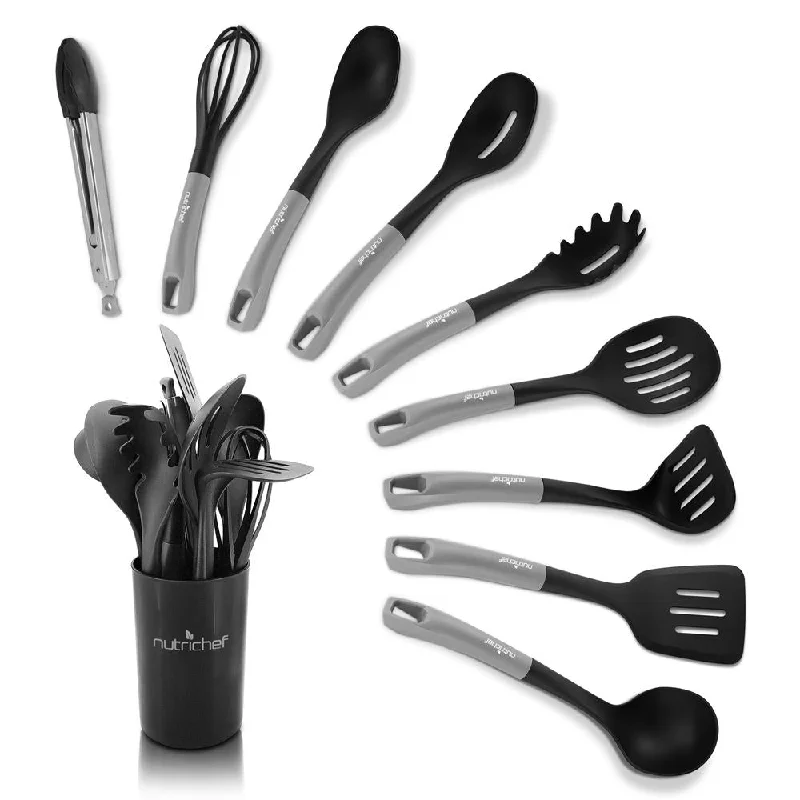 10 Pcs. Silicone Heat Resistant Kitchen Cooking Utensils Set - Non-Stick Baking Tools With Pp Holder (Silver & Black)