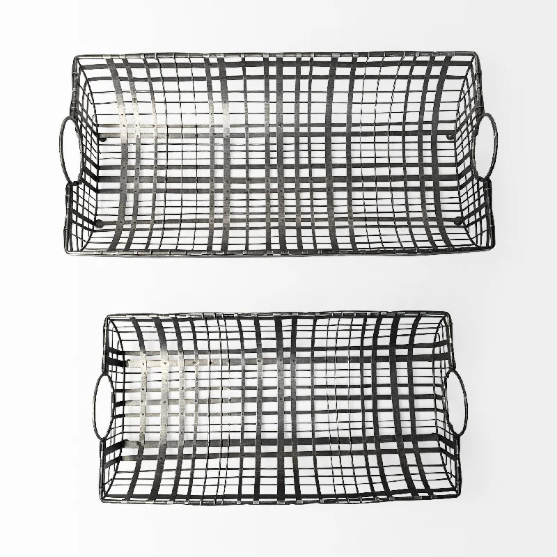 Set Of 2 Gray Metal With Circle Handle Trays