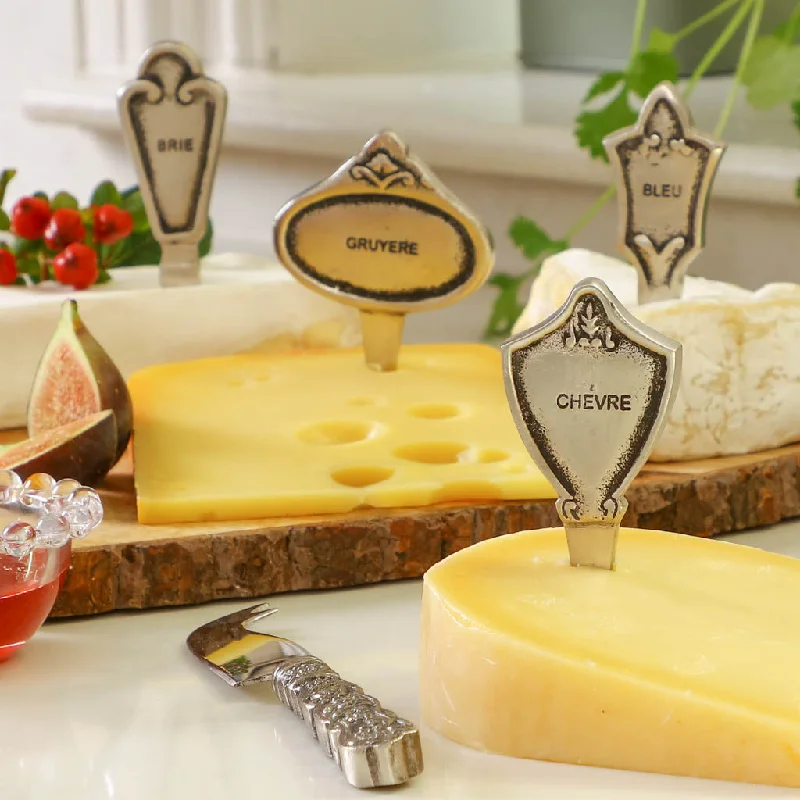 Set of 4 Silver French Cheese Markers and Cheese Knife