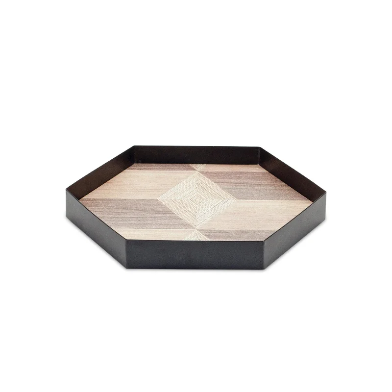 Set Of Three 12" Natural and Black Hexagon Trays