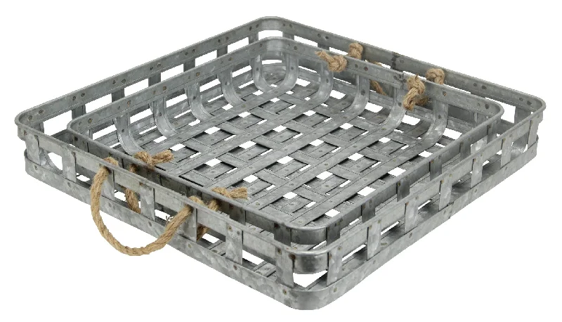 Set Of Two 17" Gray Rectangular Metal Handmade Trays With Rope Handles