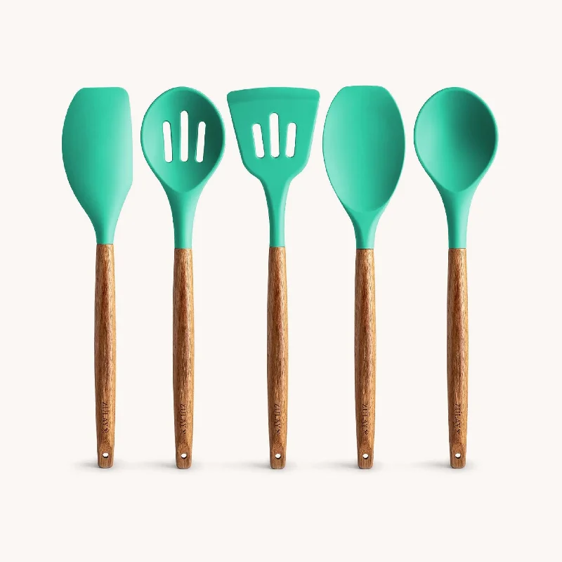 Silicone Utensils Set - 5 Piece with Acacia Wood Handles