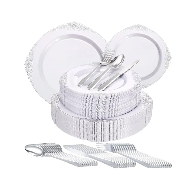 Sunnyray 250 Pcs White Plastic Disposable Dinnerware Set