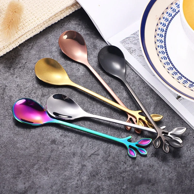 4pcs Creative Branch Leaves Spoon Fork Stirring Spoon Fruit Tableware