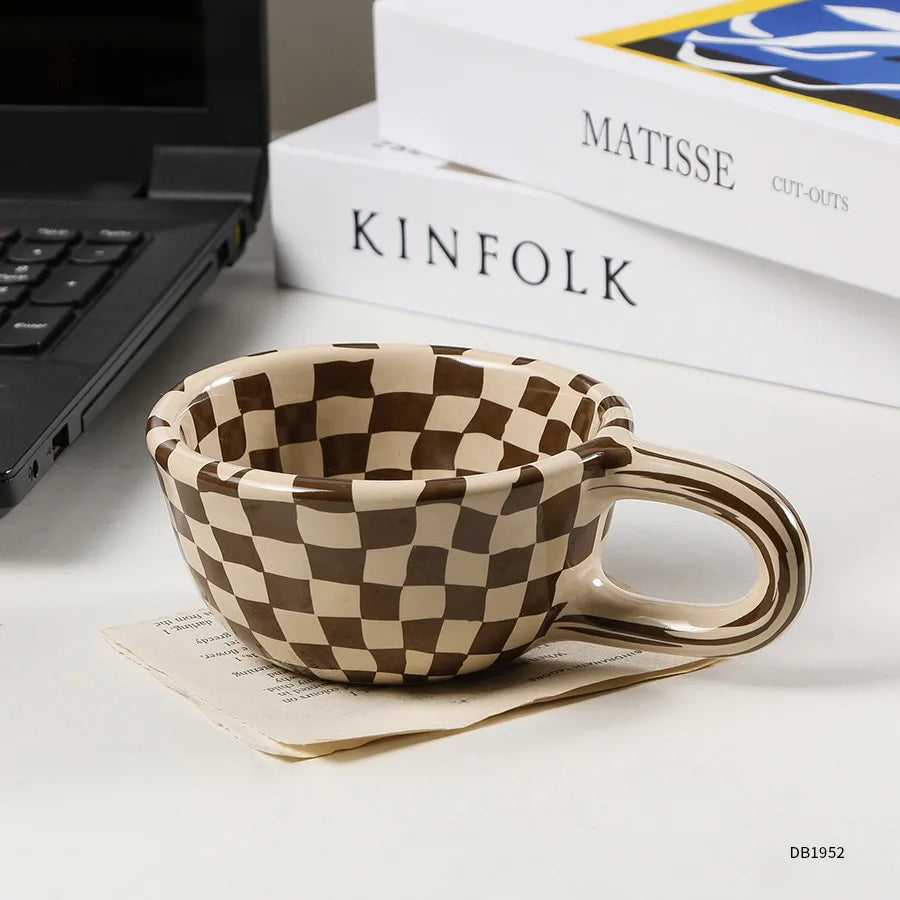 Checkerboard Coffee Mug Vintage Classic Ins Style Breakfast Milk Coffee Mug Coffee Shop Kitchen Water Cup Holiday Gift