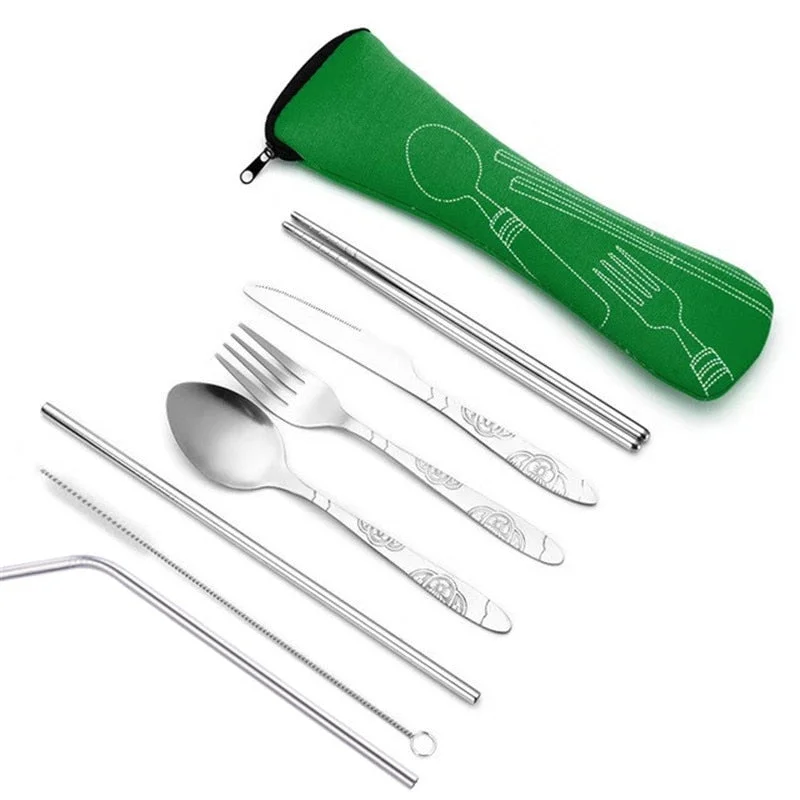 Dinnerware Portable Spoon Fork Steak Knife Travel Tableware with Bag