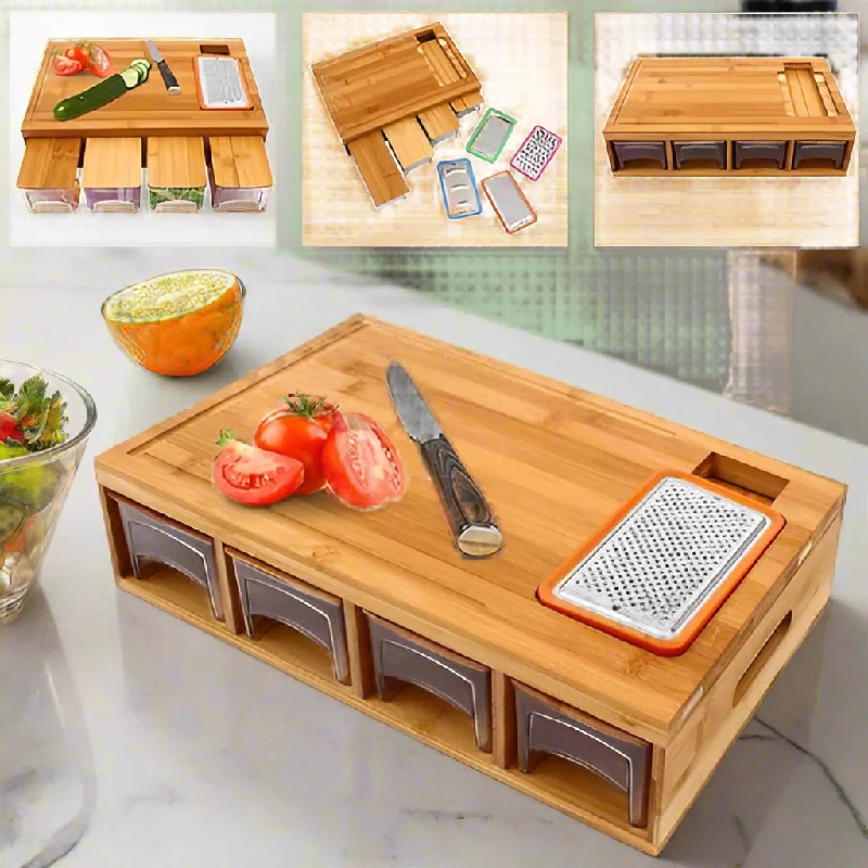 Eco Friendly Bamboo Cutting Board With 4 Acrylic Drawers