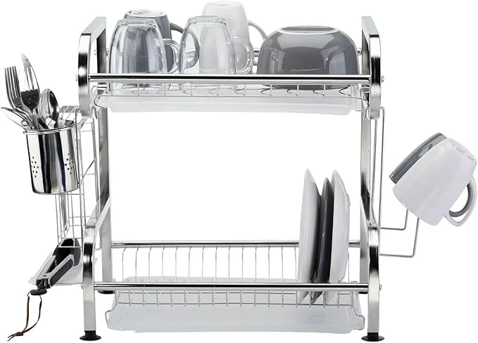 Farenheit Stainless Steel 2-Tier Dish Drying Rack for Kitchen Storage, Space Saving Multipurpose Countertop Kitchen Organizer Stand with Utensil Holder, Sink Caddy, Cutting Board & Cutlery Basket