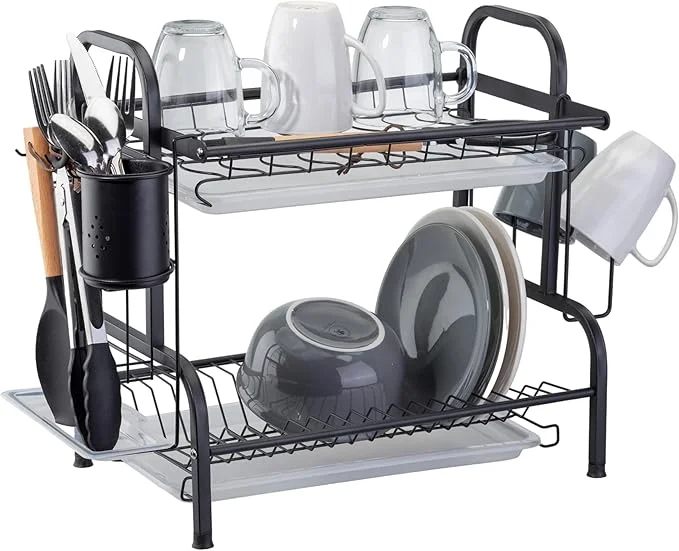 Farenheit Stainless Steel 2-Tier Side Sink Dish Drying Rack for Kitchen Counter, Space Saving Multipurpose Dish Rack with Utensil Holder, Sink Caddy, Cutting Board & Cutlery Basket-Black