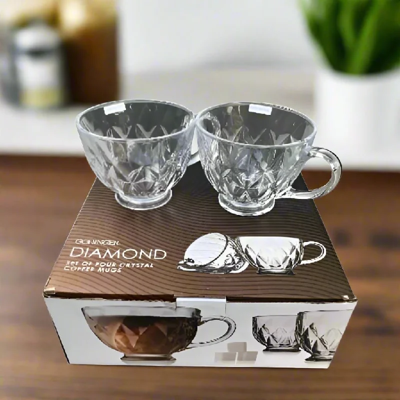 Godinger Diamond Patterned Set Of 4 Crystal Coffee Mugs - 13.5oz - 399ml