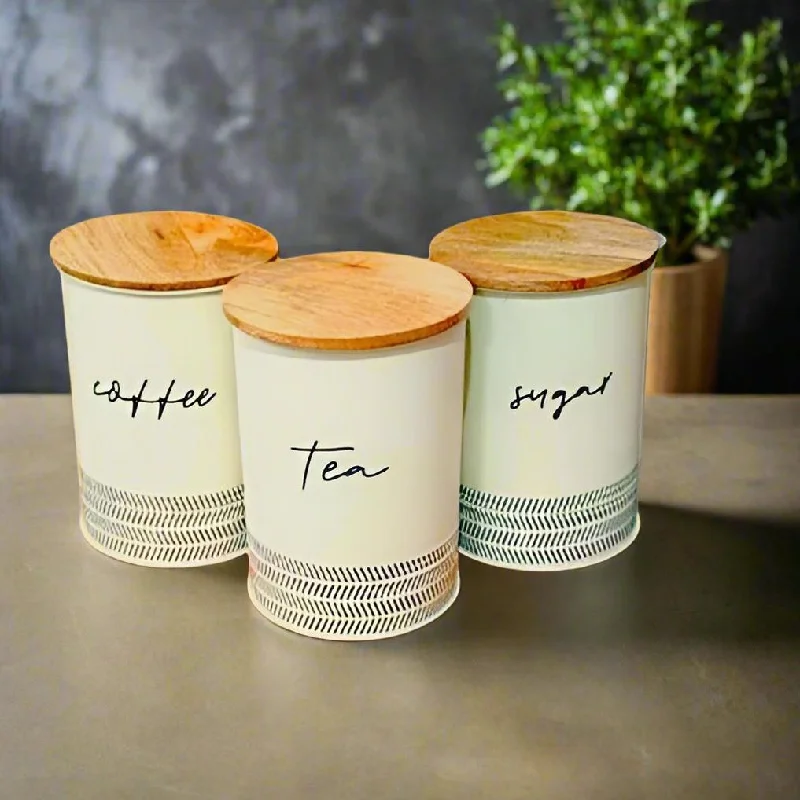 Kitchen Canisters with Wooden Lids, Airtight Metal Container Set, Coffee, Sugar, Tea Set Of 3 By MA