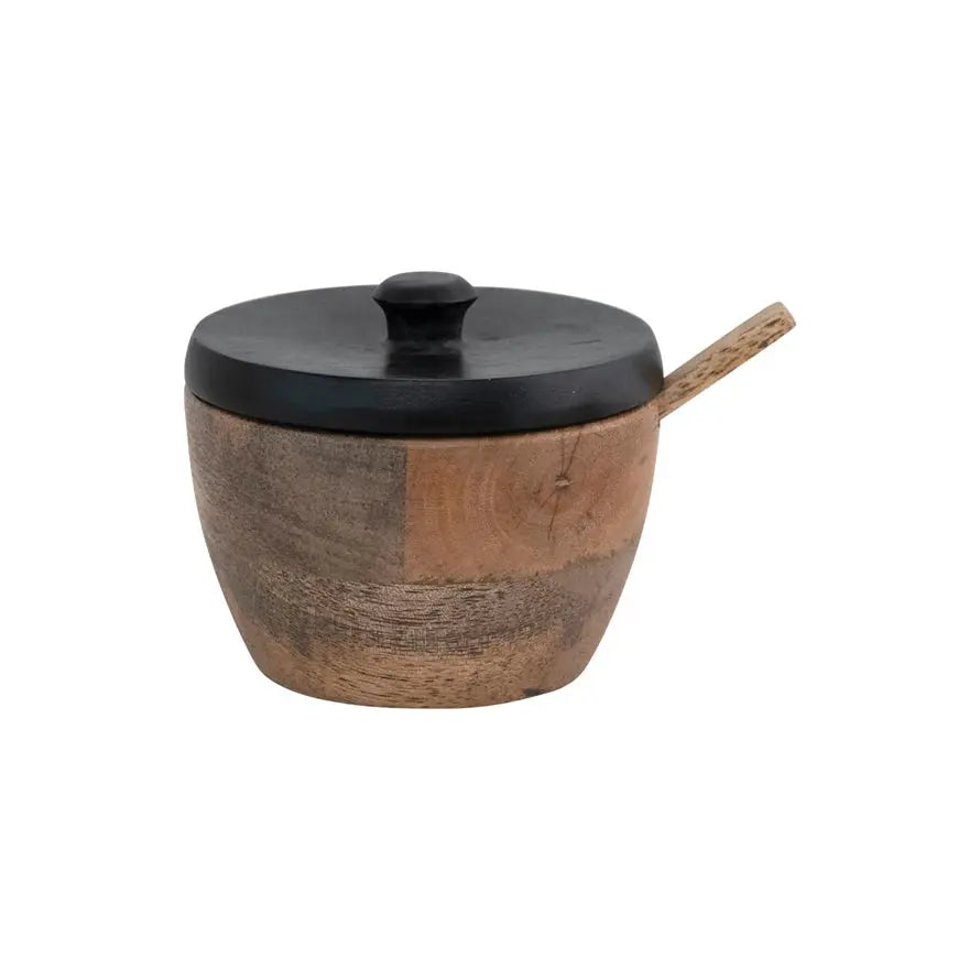 Mango Wood Salt Cellar with Spoon and Black Lid, Set of 2