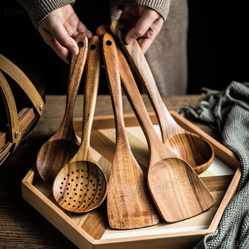 Natural Wood Spoon Ladle Turner Colander Soup Skimmer Cooking Spoons