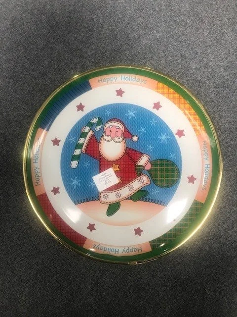 Round Plastic Platter Gold Rim 35cm With Santa Pictures