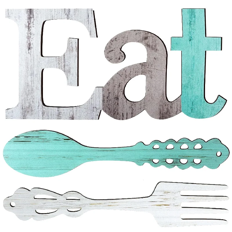 Set Of Eat Sign, Fork And Spoon Wall Decor, Rustic Wood Eat Decoration, Cute E