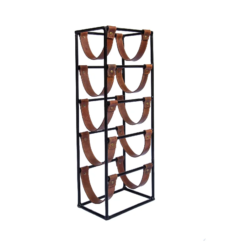 Square Leather and Metal 5 Bottle Sling Wine Rack