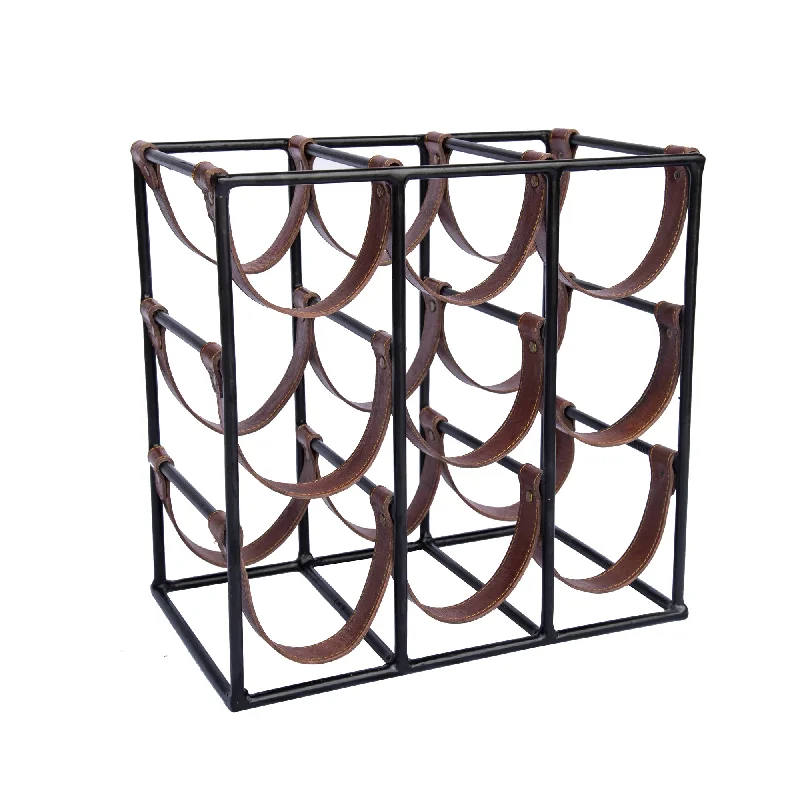 Square Leather and Metal 9 Bottle Sling Wine Rack