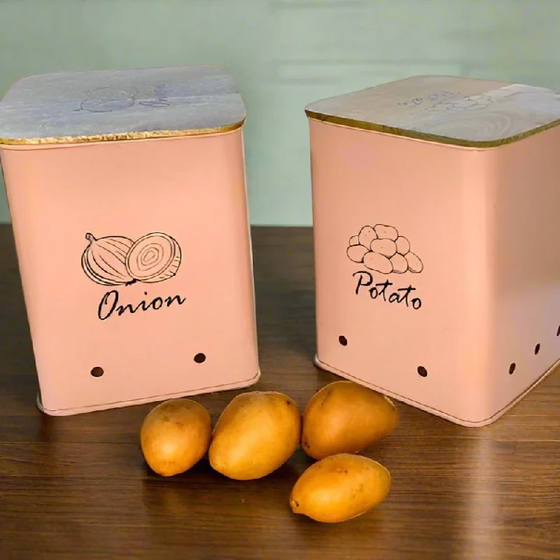 Storage Bin for Potato & Onion 2 Pack Set Countertop Pots Containers with Wooden Lid/Kitchen Canisters Set By MA