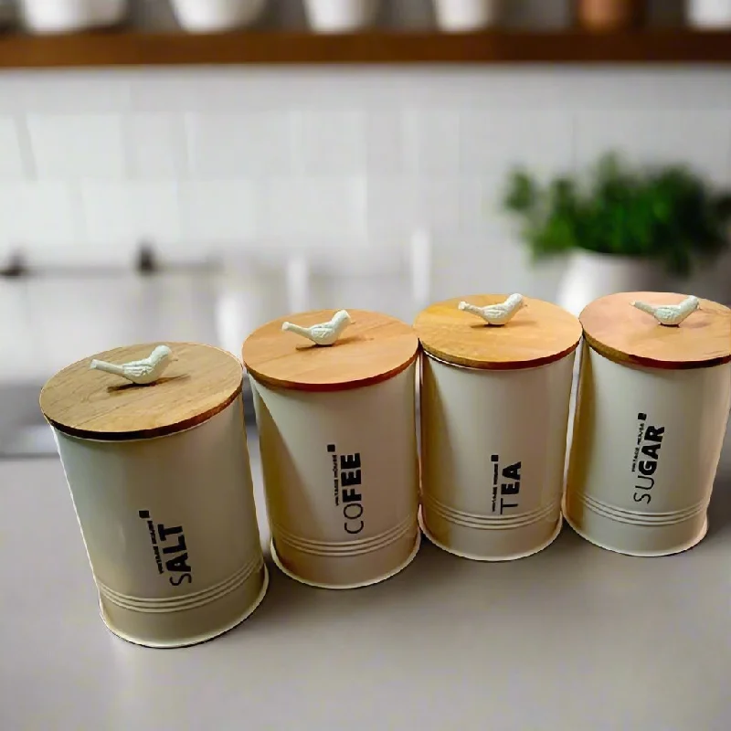 Tea, Coffee, Sugar And Salt Canister Kitchen Storage Pot Jar Metal Jar Container With Wooden Lid Set Of 4 By MA